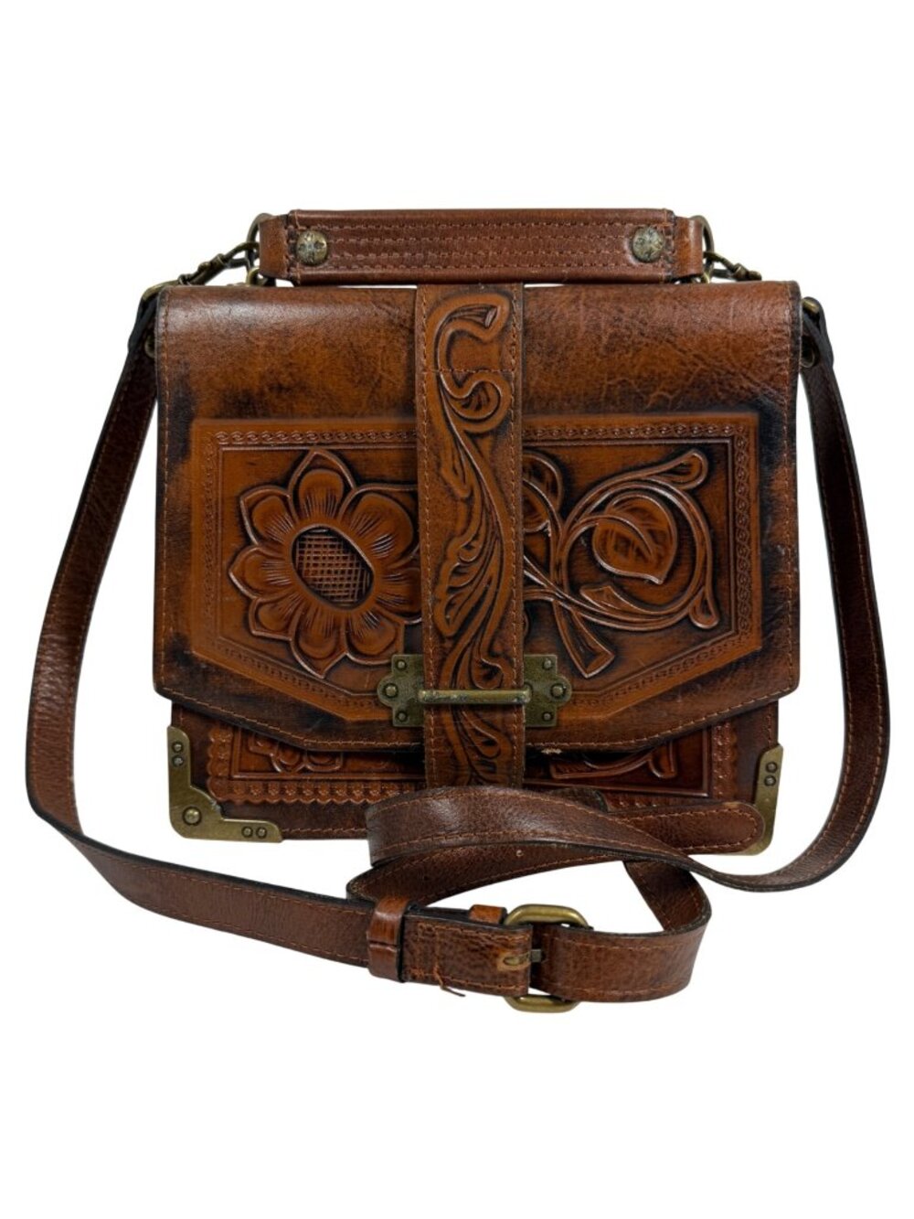 Patricia Nash Stella Tooled Floral Leather Accordion Top Handle Crossbody Bag